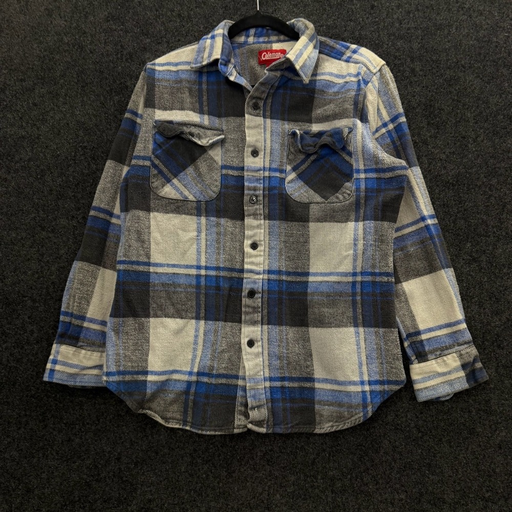 Coleman Mens Blue Grey Plaid Heavy Cotton Flannel Button Down Shirt Medium 80s